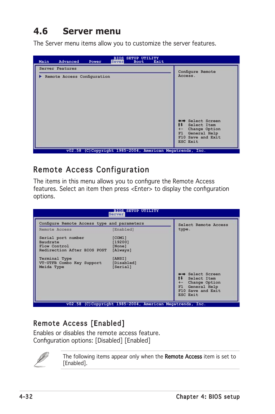 6 server menu, Remote access configuration, Remote access [enabled | Asus Motherboard P5MT-S User Manual | Page 90 / 176