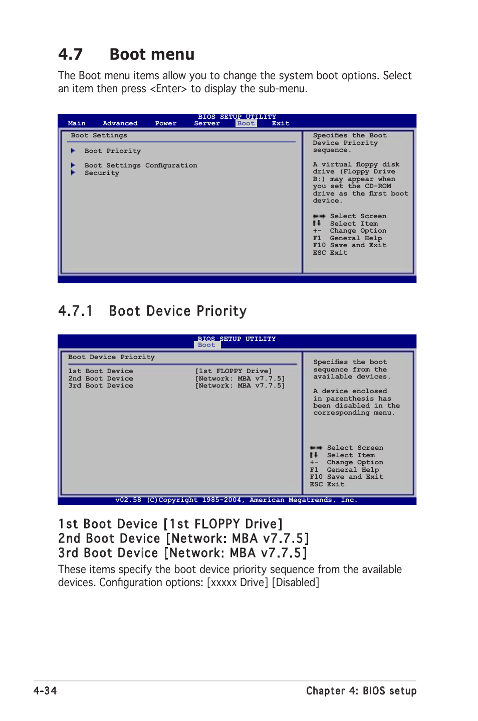 7 boot menu, 1 boot device priority | Asus Motherboard P5MT-S User Manual | Page 92 / 176