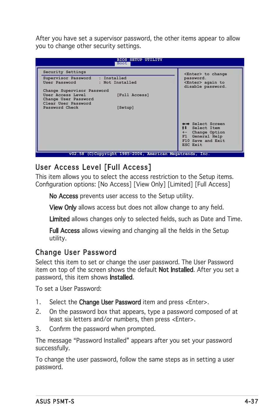 User access level [full access, Change user password | Asus Motherboard P5MT-S User Manual | Page 95 / 176