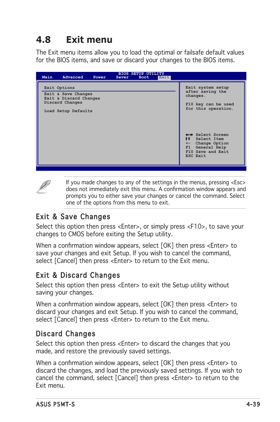 8 exit menu, Exit & save changes, Exit & discard changes | Discard changes | Asus Motherboard P5MT-S User Manual | Page 97 / 176