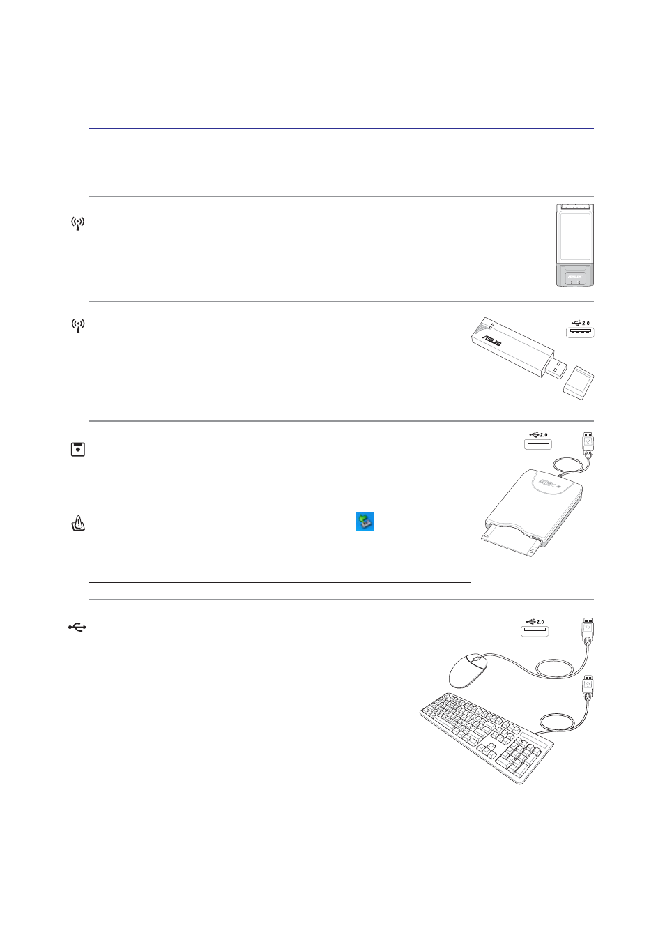Optional accessories (cont.), Wireless lan pc card, Wireless lan usb adapter | Usb keyboard and mouse, Usb floppy disk drive | Asus E2224 User Manual | Page 53 / 72