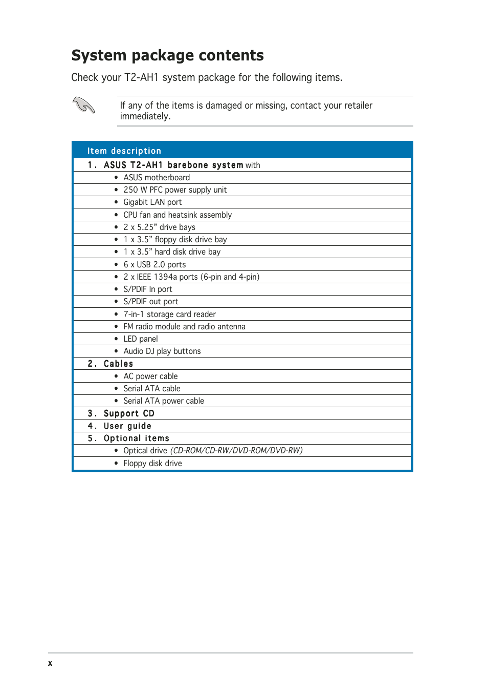 System package contents | Asus Terminator 2 Barebone System T2-AH1 User Manual | Page 10 / 122