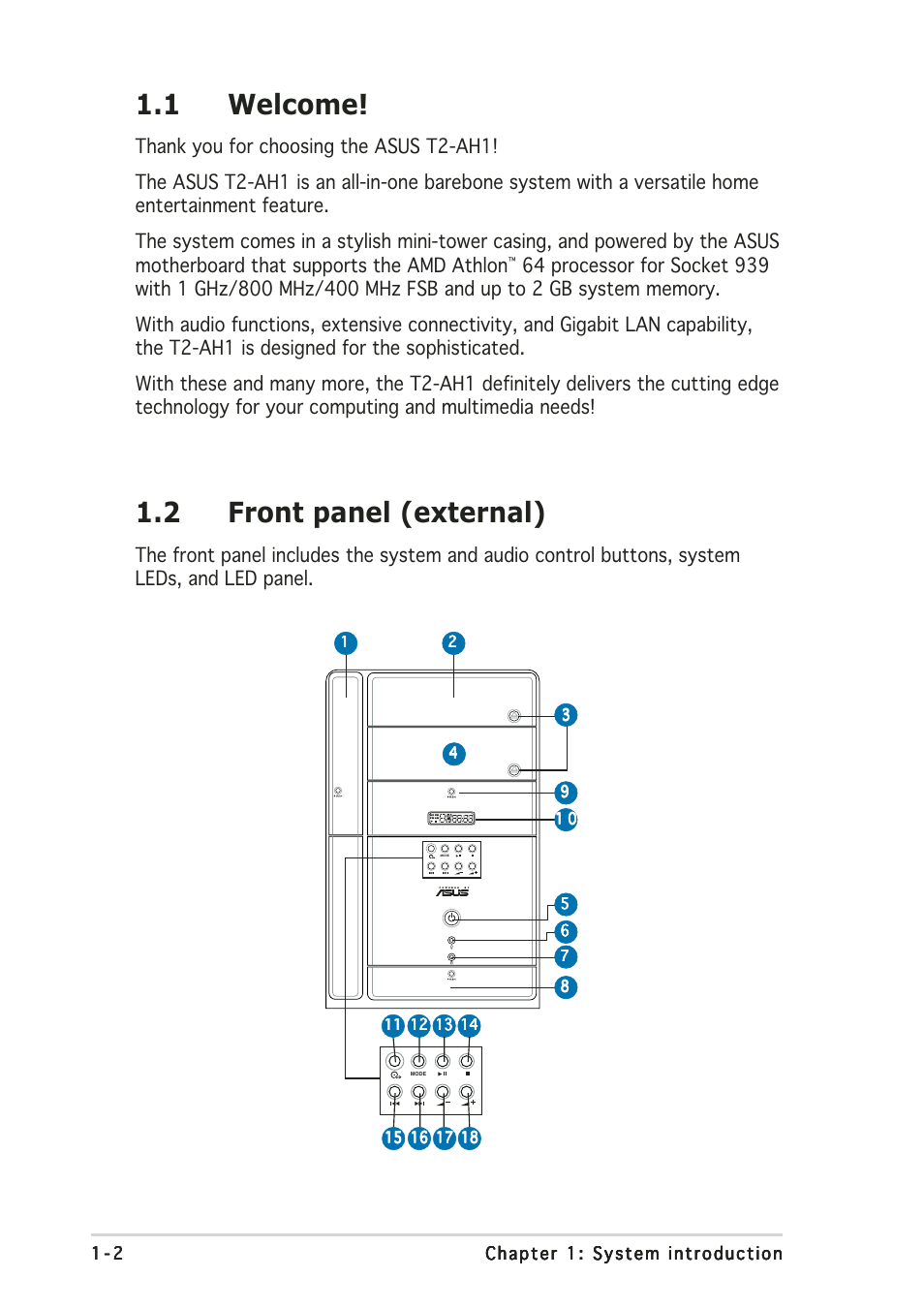 1 welcome, 2 front panel (external) | Asus Terminator 2 Barebone System T2-AH1 User Manual | Page 12 / 122