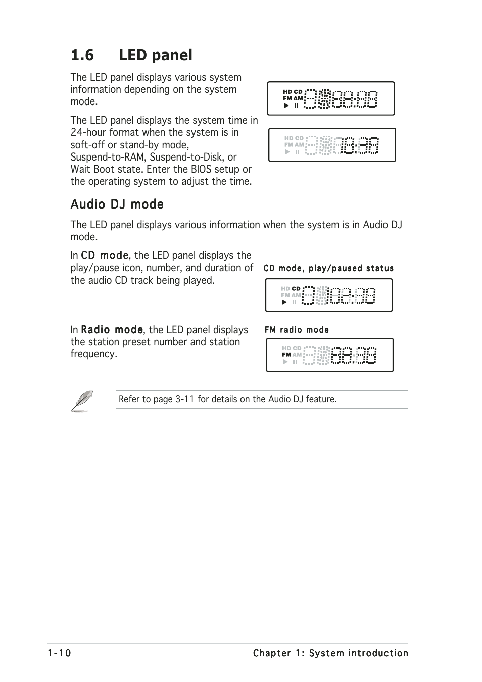 6 led panel, Audio dj mode | Asus Terminator 2 Barebone System T2-AH1 User Manual | Page 20 / 122