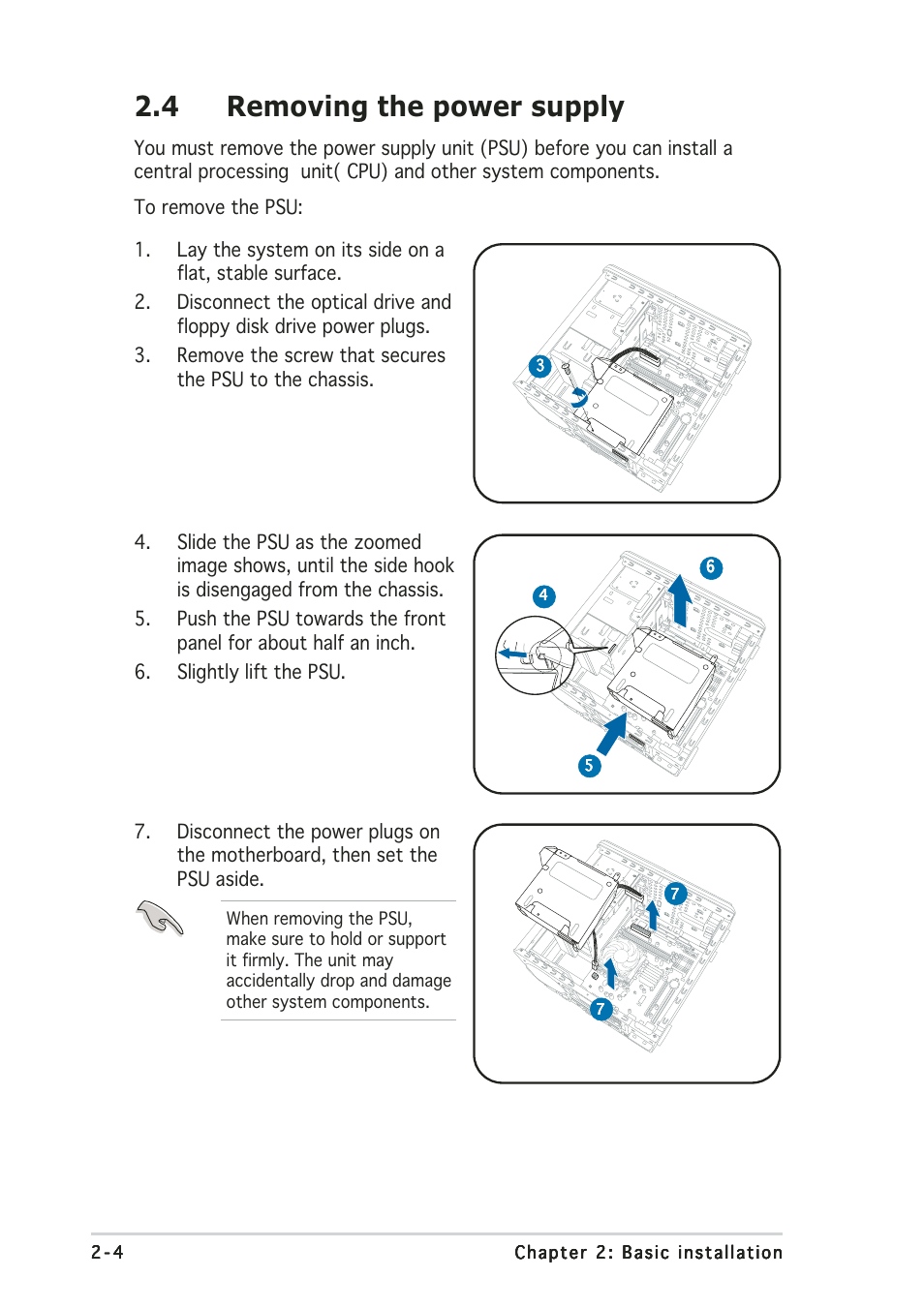 4 removing the power supply | Asus Terminator 2 Barebone System T2-AH1 User Manual | Page 24 / 122