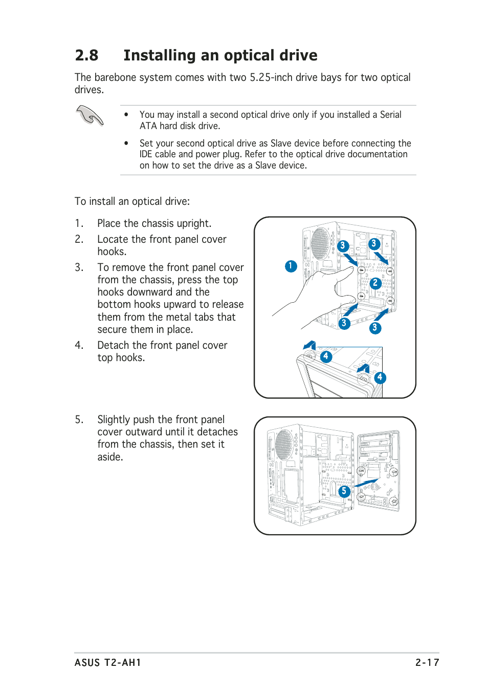 8 installing an optical drive | Asus Terminator 2 Barebone System T2-AH1 User Manual | Page 37 / 122