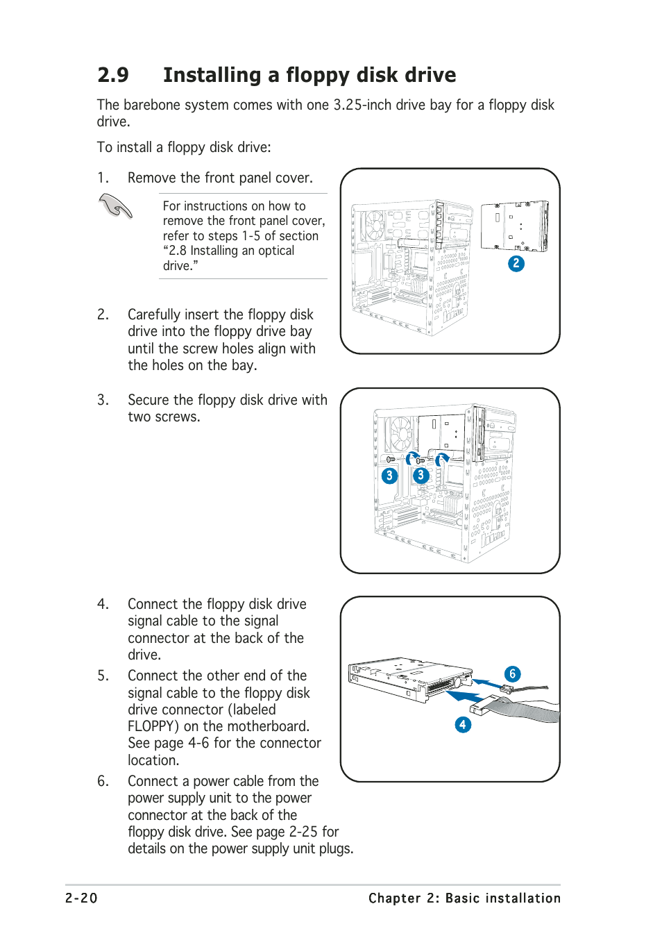 9 installing a floppy disk drive | Asus Terminator 2 Barebone System T2-AH1 User Manual | Page 40 / 122