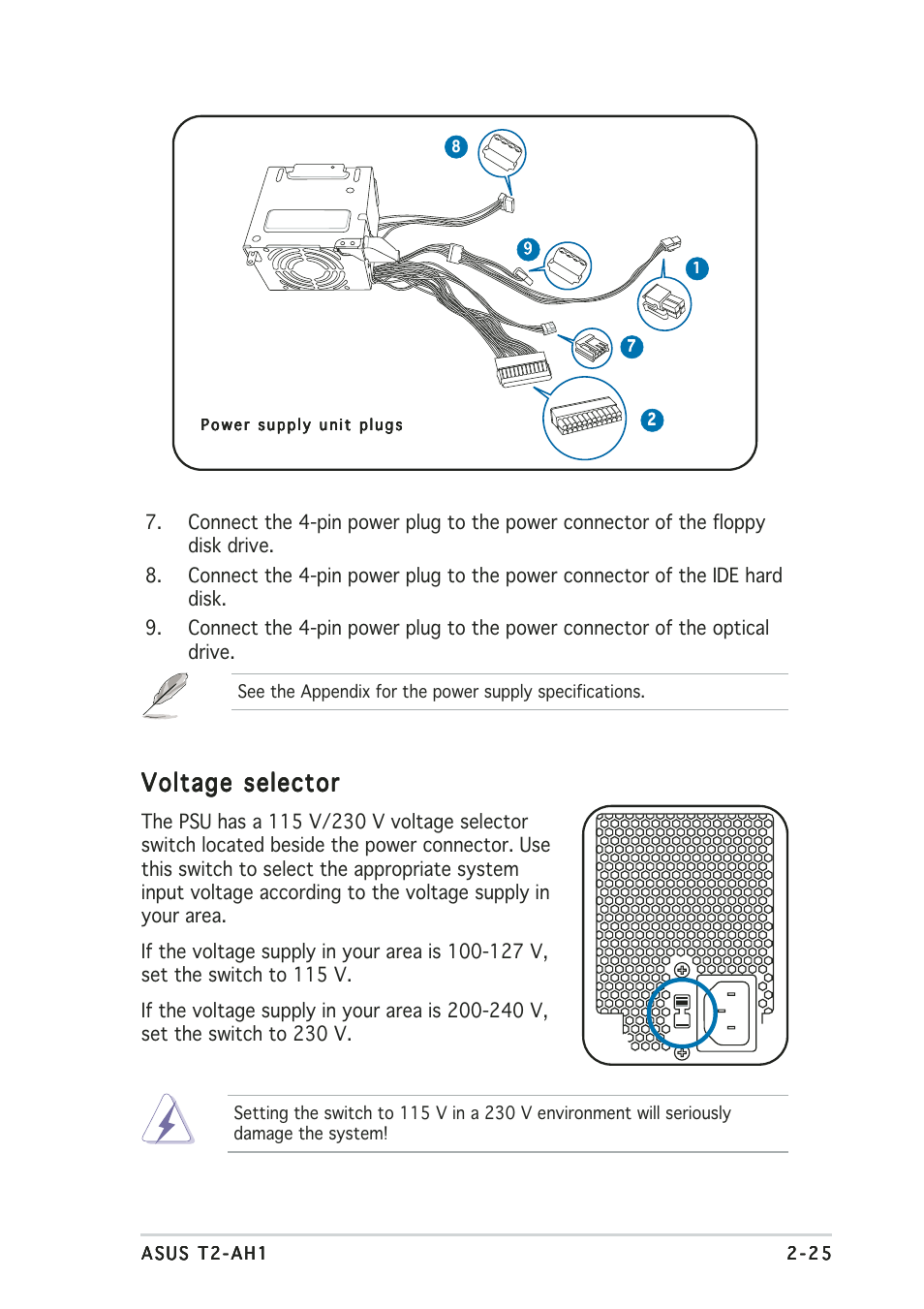 Voltage selector | Asus Terminator 2 Barebone System T2-AH1 User Manual | Page 45 / 122