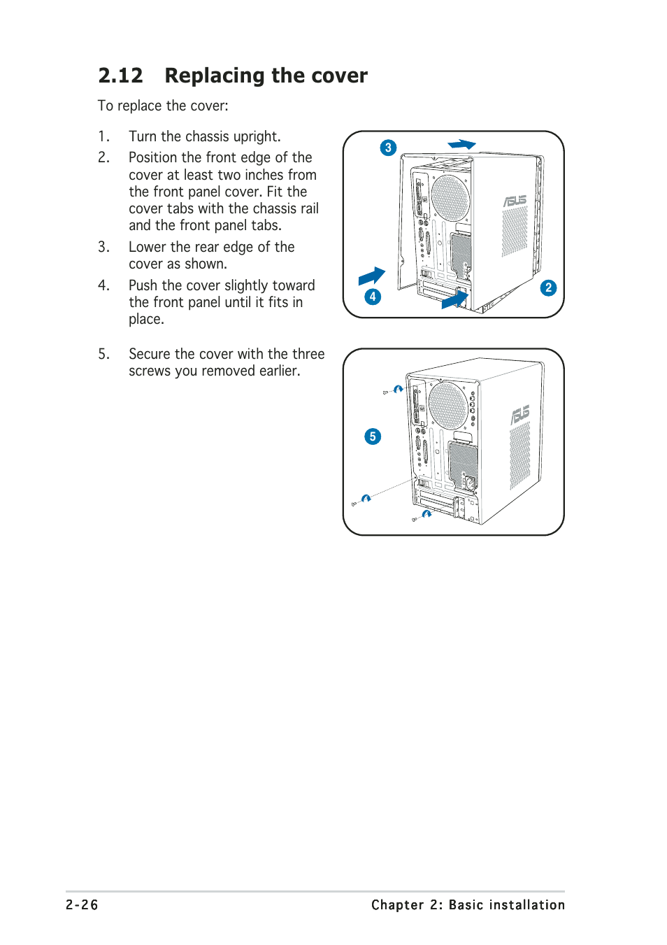 12 replacing the cover | Asus Terminator 2 Barebone System T2-AH1 User Manual | Page 46 / 122