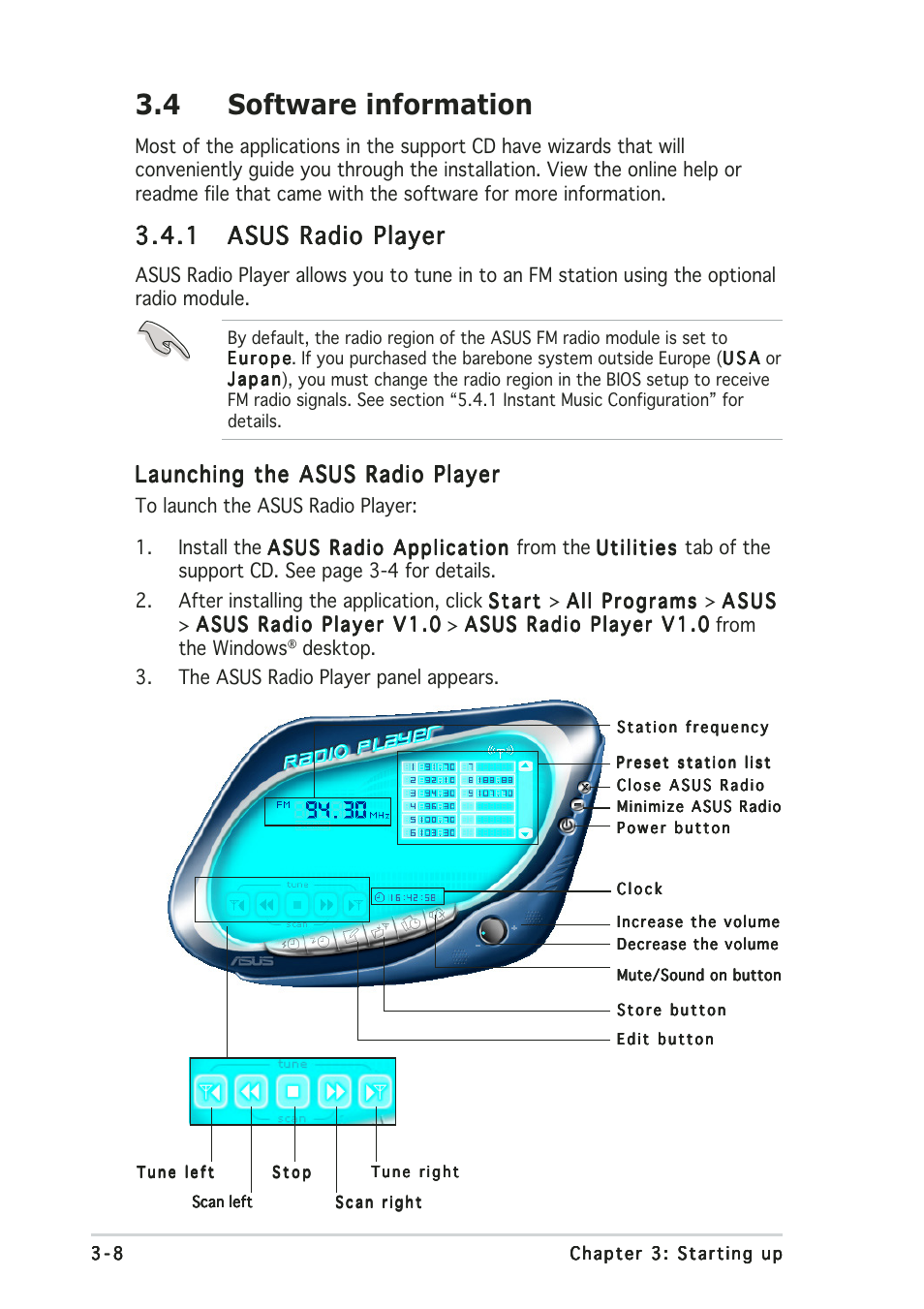 4 software information, Launching the asus radio player | Asus Terminator 2 Barebone System T2-AH1 User Manual | Page 54 / 122