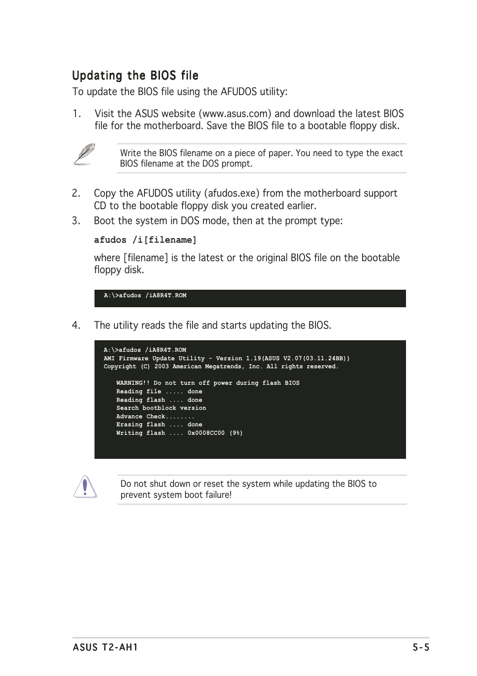 Updating the bios file | Asus Terminator 2 Barebone System T2-AH1 User Manual | Page 87 / 122