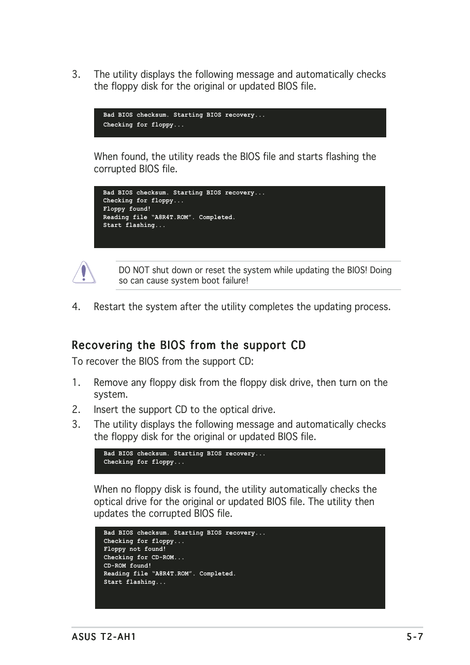 Recovering the bios from the support cd | Asus Terminator 2 Barebone System T2-AH1 User Manual | Page 89 / 122