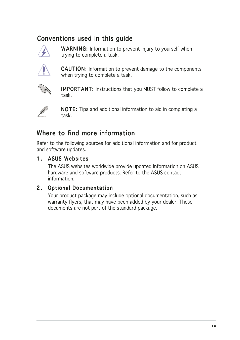 Conventions used in this guide, Where to find more information | Asus Terminator 2 Barebone System T2-AH1 User Manual | Page 9 / 122