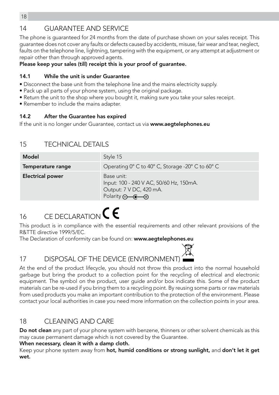 AEG Style 15 User Manual | Page 18 / 20