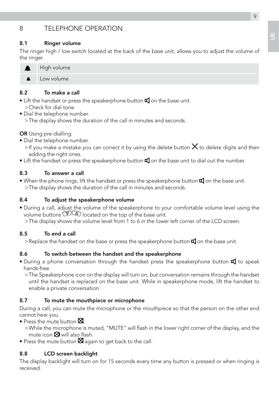 8 telephone operation | AEG Style 15 User Manual | Page 9 / 20