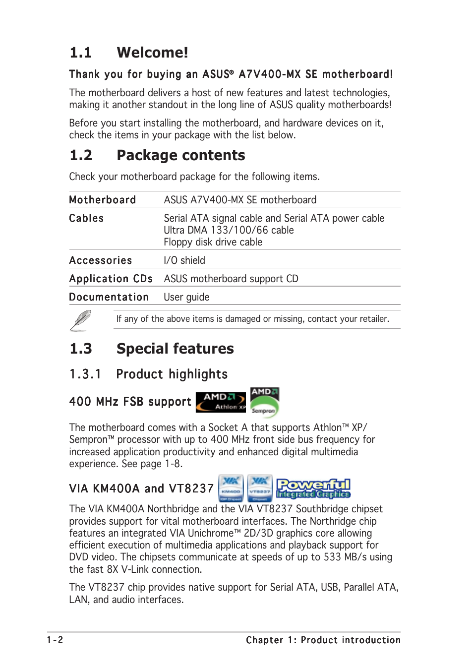 3 special features, 1 welcome, 2 package contents | Asus A7V400-MX SE User Manual | Page 12 / 72