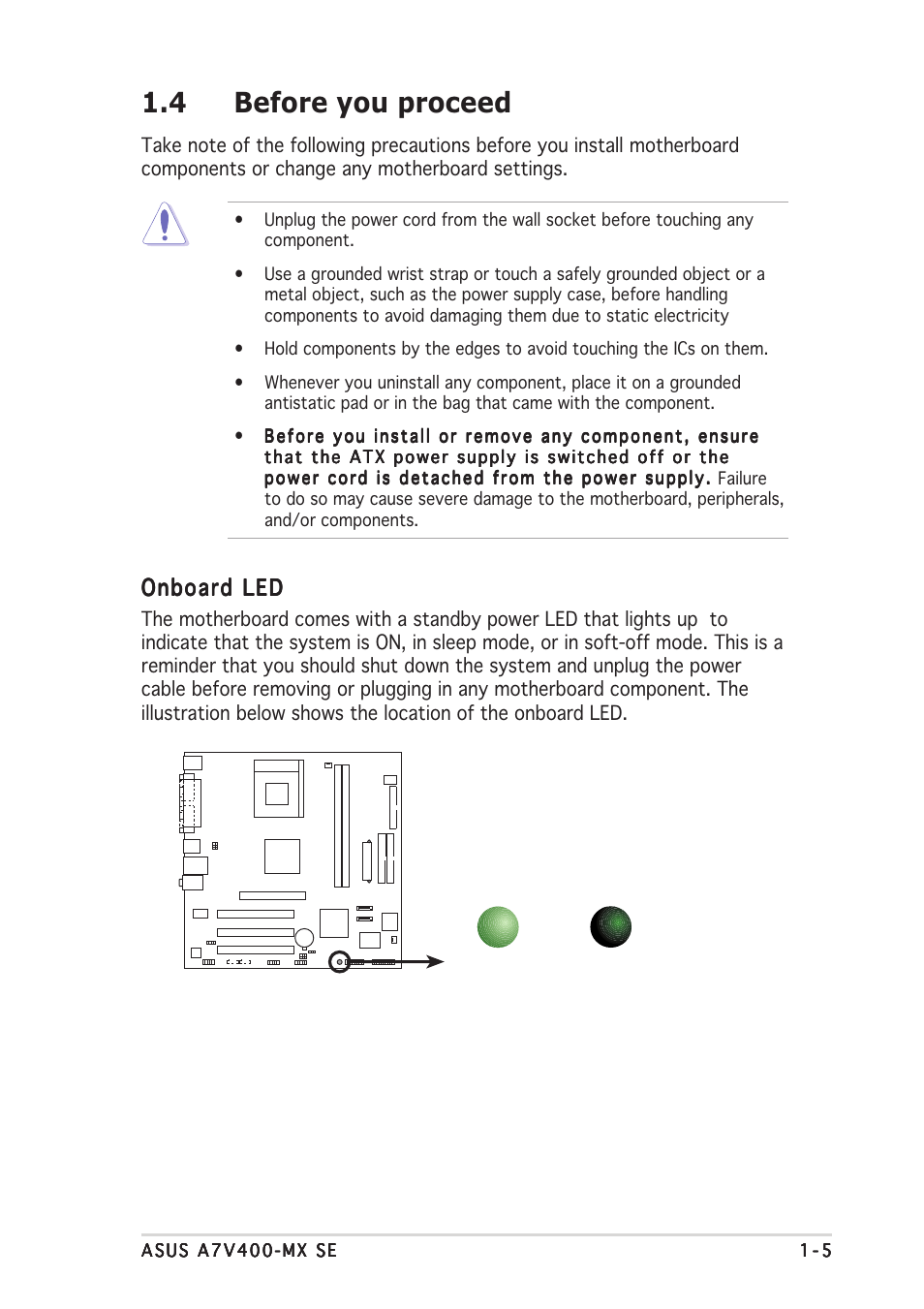 4 before you proceed, Onboard led | Asus A7V400-MX SE User Manual | Page 15 / 72