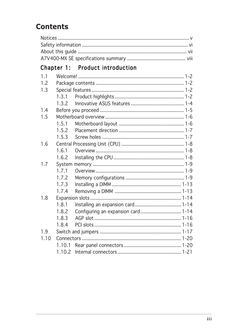 Asus A7V400-MX SE User Manual | Page 3 / 72