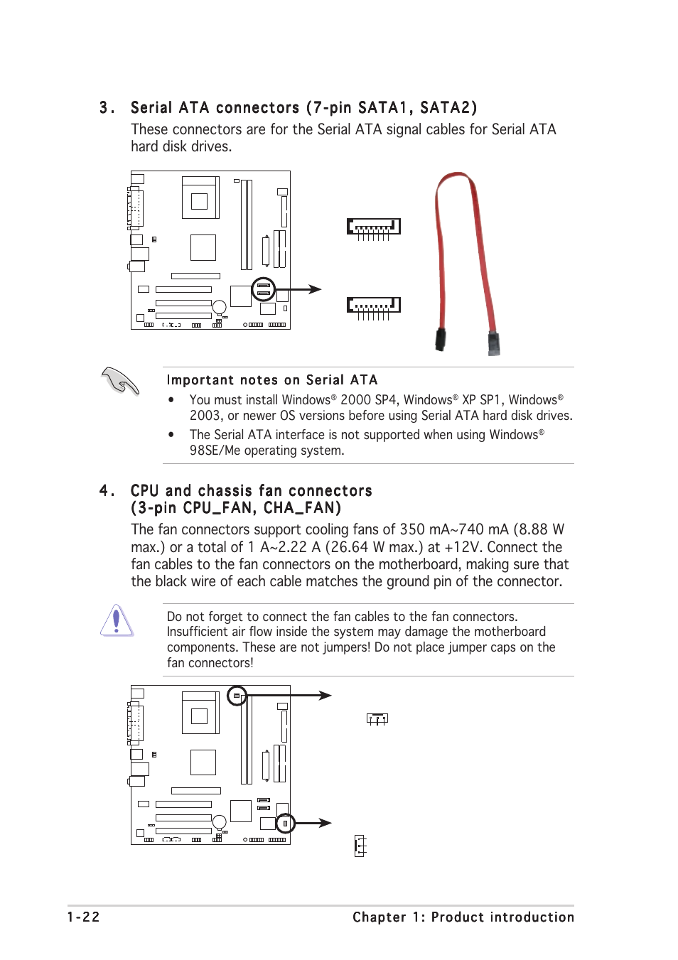 Xp sp1, windows, A7v400-mx se sata connector, Sata1 | Sata2, A7v400-mx se fan connectors cpu_fan cha_fan | Asus A7V400-MX SE User Manual | Page 32 / 72