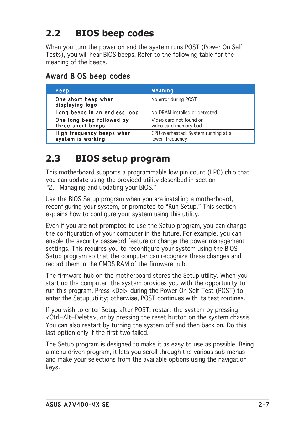 3 bios setup program, 2 bios beep codes, Award bios beep codes | Asus A7V400-MX SE User Manual | Page 43 / 72