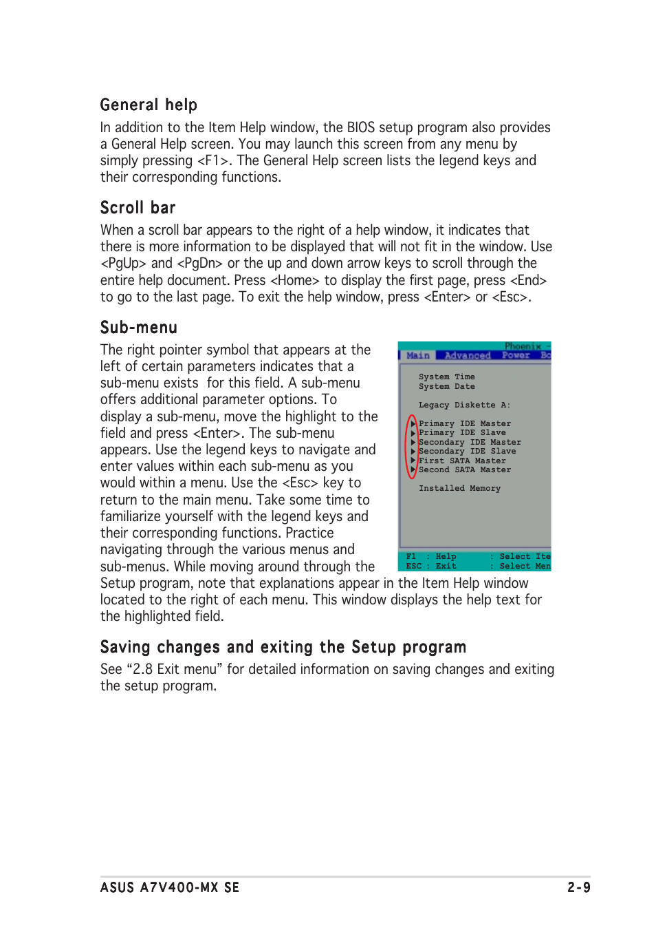 General help, Scroll bar, Sub-menu | Saving changes and exiting the setup program | Asus A7V400-MX SE User Manual | Page 45 / 72