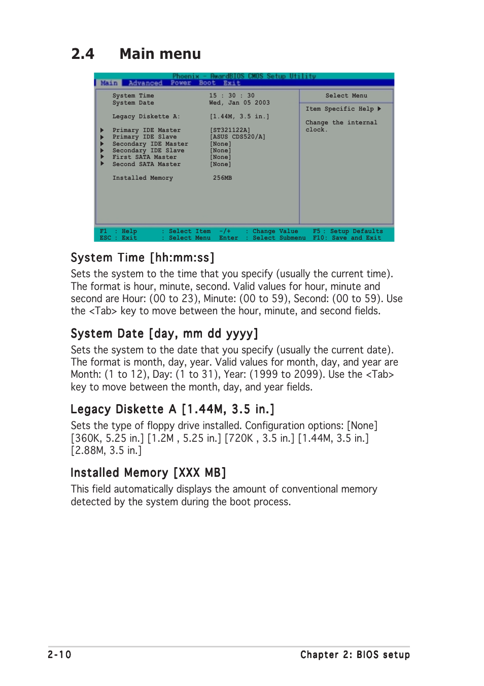 4 main menu, System time [hh:mm:ss | Asus A7V400-MX SE User Manual | Page 46 / 72