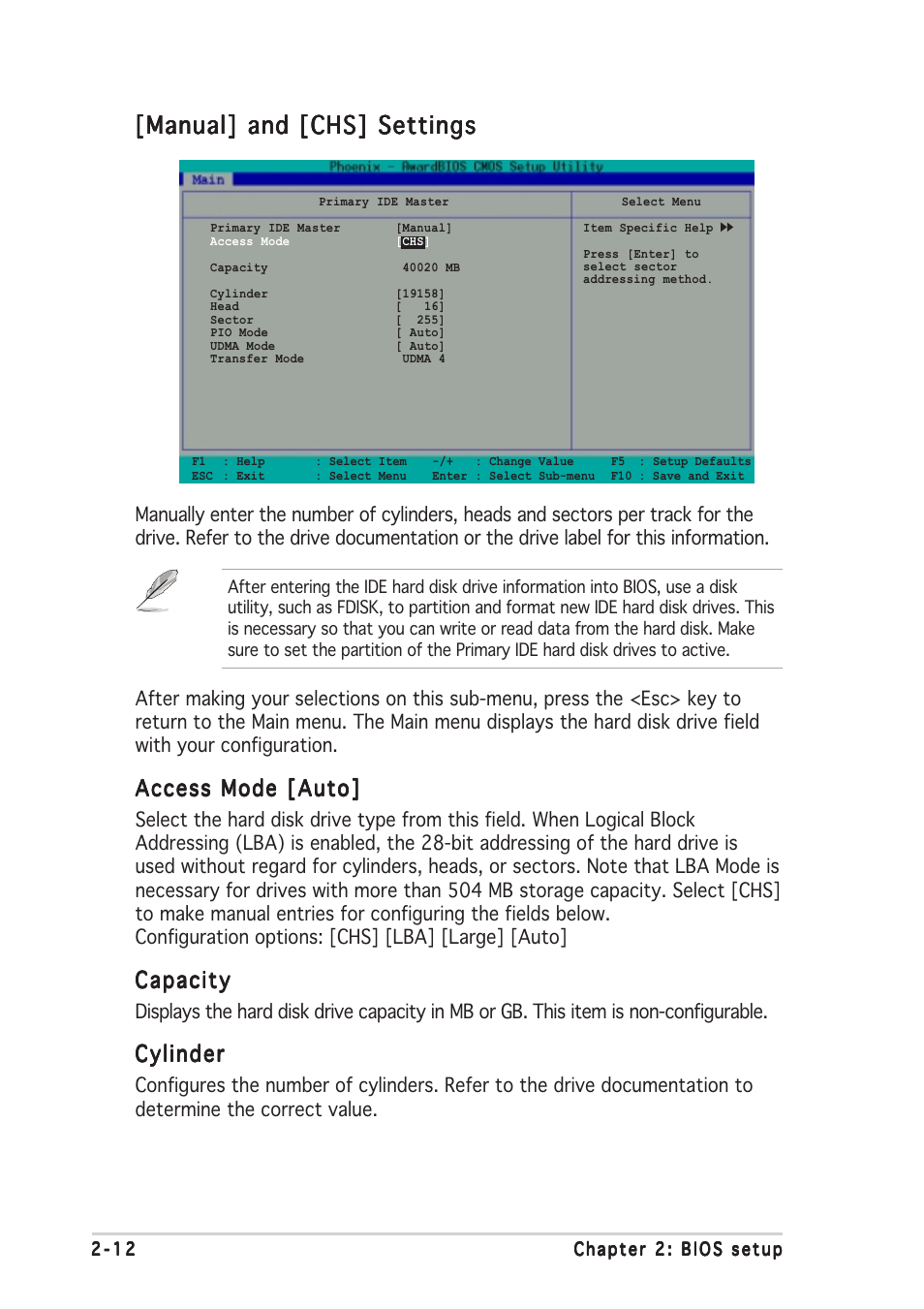 Manual] and [chs] settings, Access mode [auto, Capacity | Cylinder | Asus A7V400-MX SE User Manual | Page 48 / 72