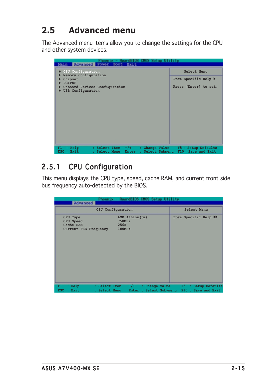 5 advanced menu | Asus A7V400-MX SE User Manual | Page 51 / 72