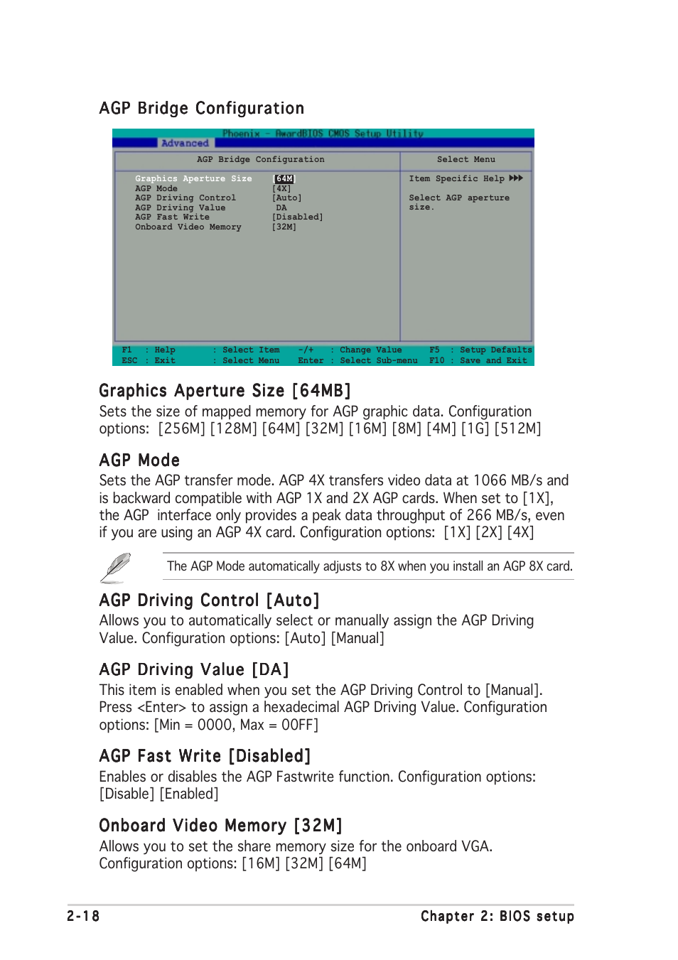 Agp bridge configuration, Graphics aperture size [64mb, Agp mode | Agp driving control [auto, Agp driving value [da, Agp fast write [disabled | Asus A7V400-MX SE User Manual | Page 54 / 72