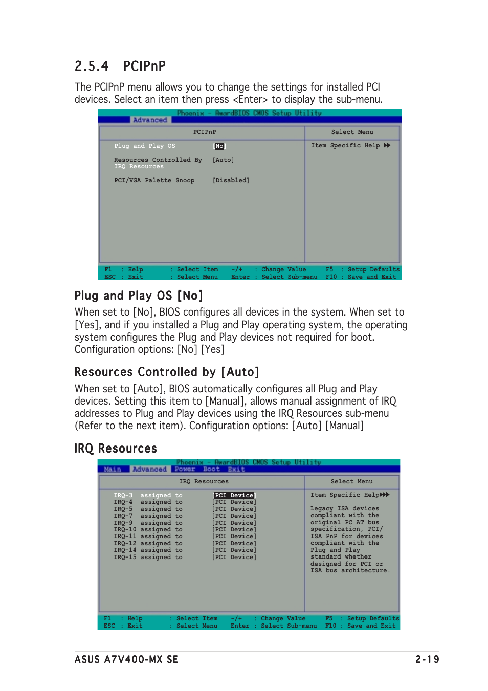 4 pcipnp pcipnp pcipnp pcipnp pcipnp, Plug and play os [no, Resources controlled by [auto | Irq resources | Asus A7V400-MX SE User Manual | Page 55 / 72