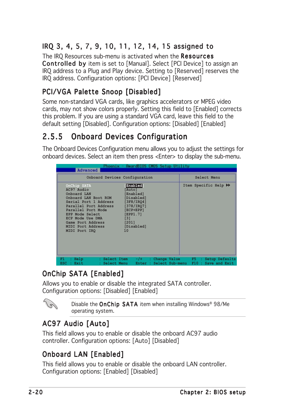 Pci/vga palette snoop [disabled, Onchip sata [enabled, Ac97 audio [auto | Onboard lan [enabled | Asus A7V400-MX SE User Manual | Page 56 / 72