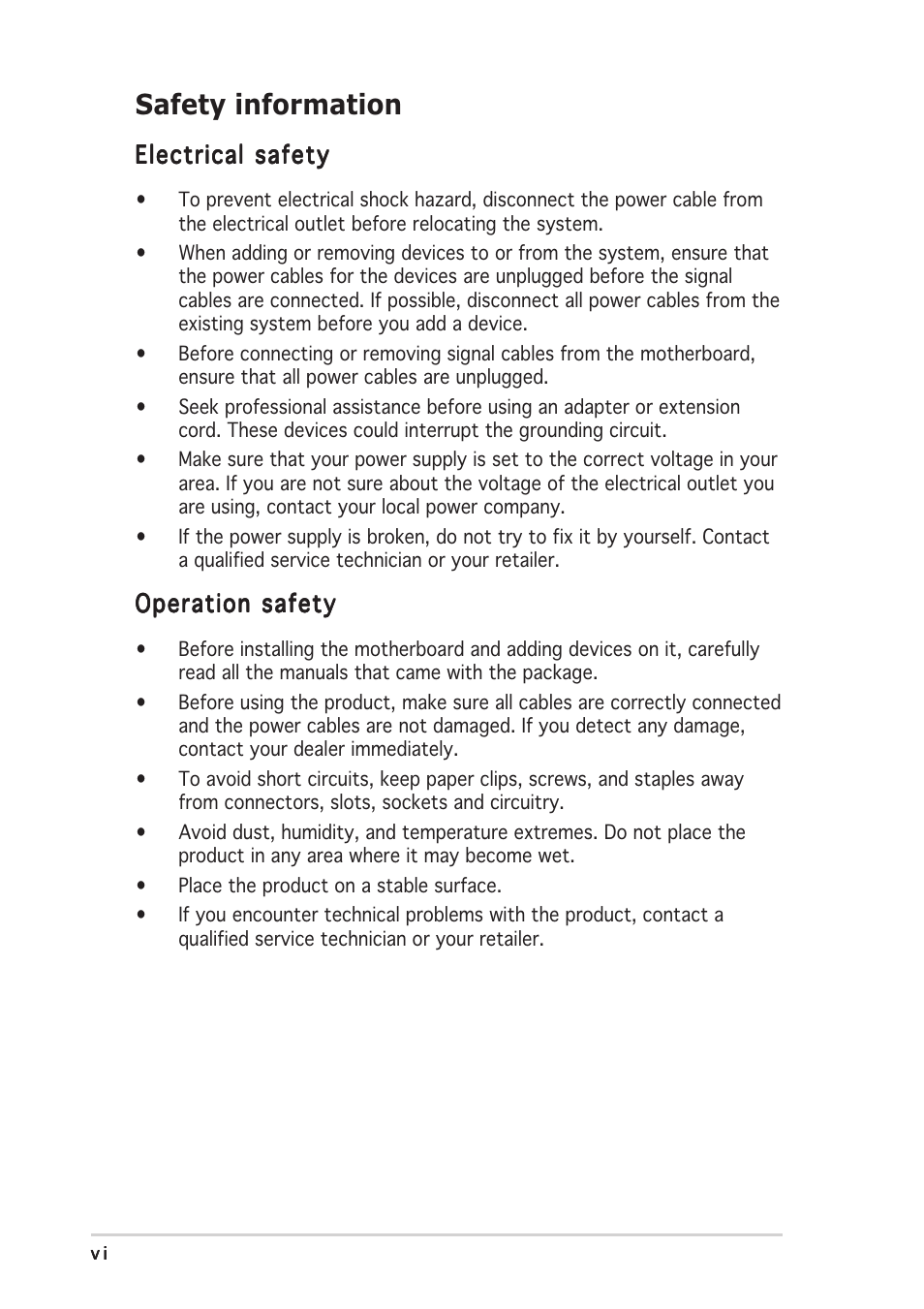 Safety information | Asus A7V400-MX SE User Manual | Page 6 / 72