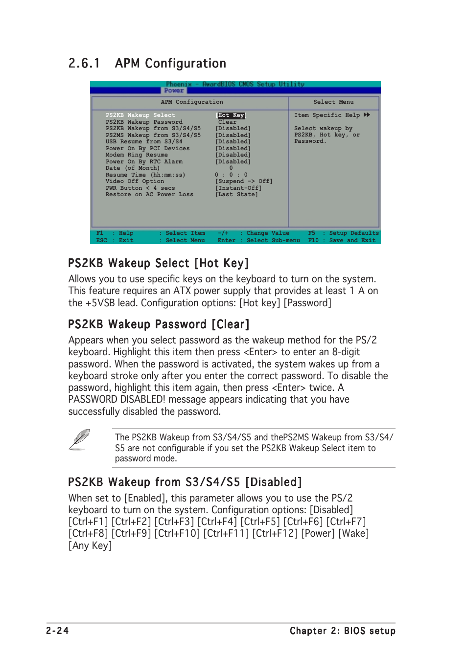 Ps2kb wakeup select [hot key, Ps2kb wakeup password [clear, Ps2kb wakeup from s3/s4/s5 [disabled | Asus A7V400-MX SE User Manual | Page 60 / 72