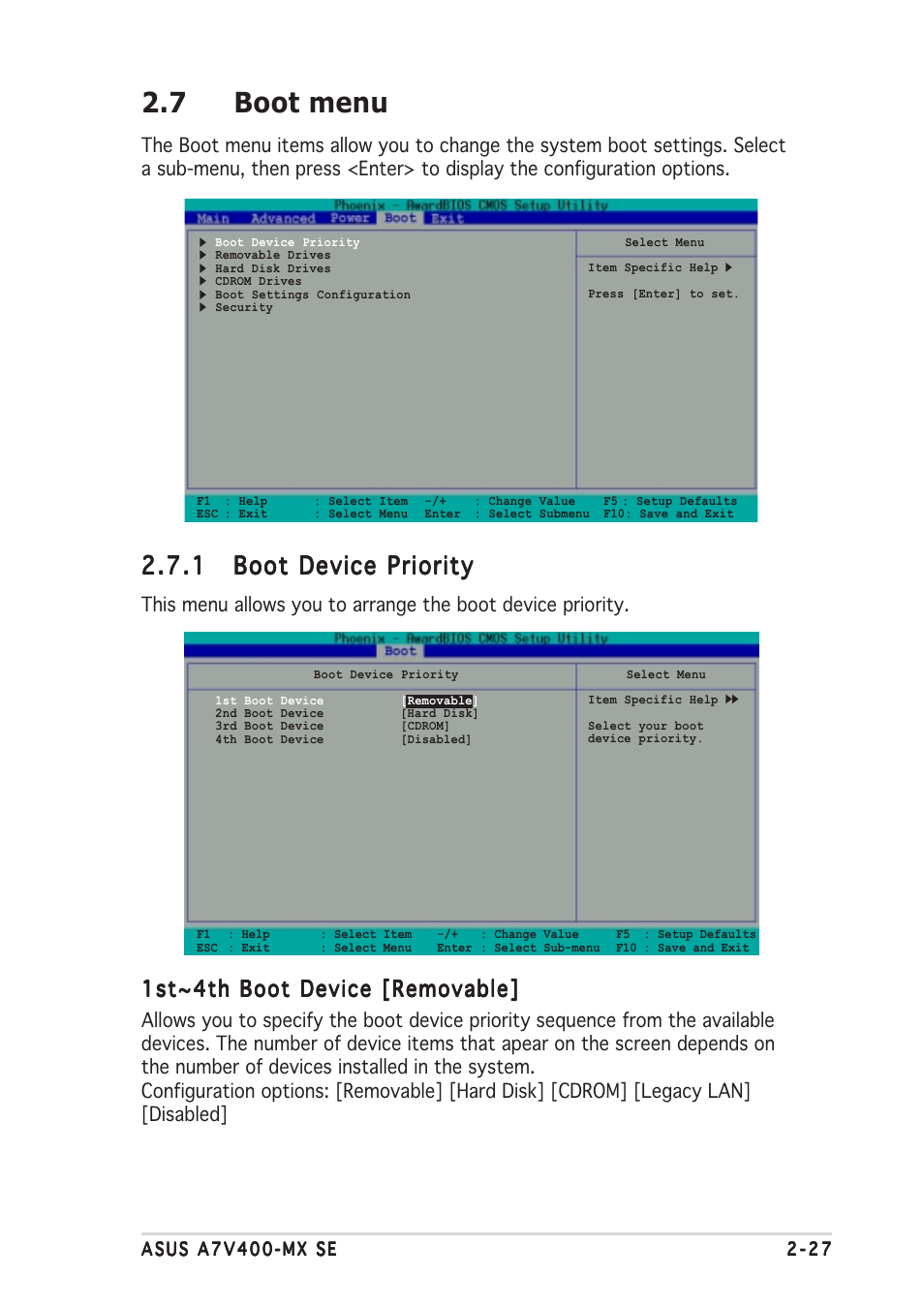 7 boot menu, 1st~4th boot device [removable | Asus A7V400-MX SE User Manual | Page 63 / 72