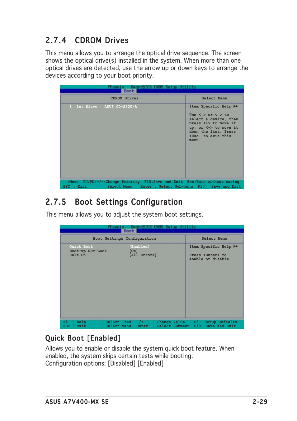 Quick boot [enabled | Asus A7V400-MX SE User Manual | Page 65 / 72