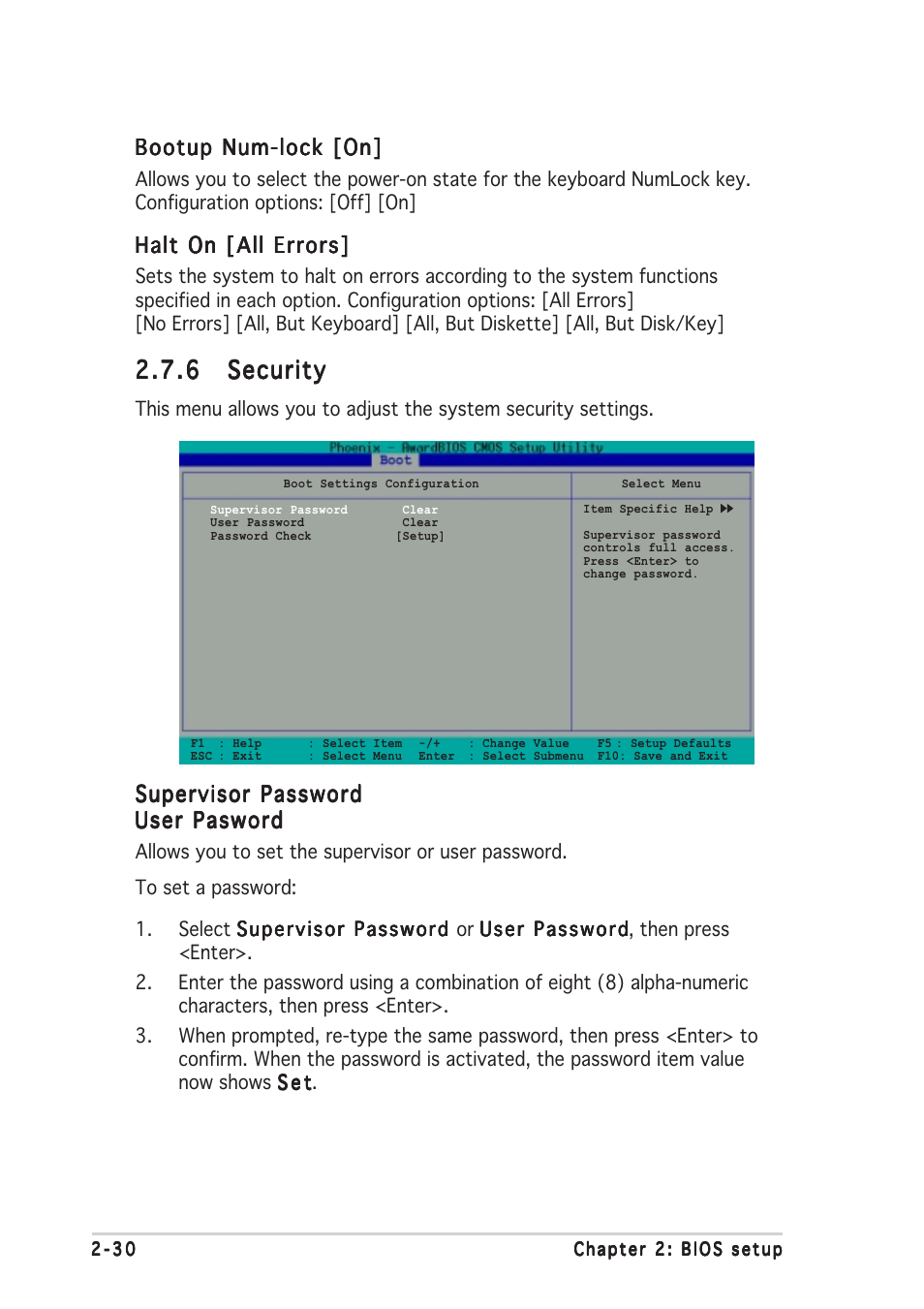 6 security security security security security, Bootup num-lock [on, Halt on [all errors | Supervisor password | Asus A7V400-MX SE User Manual | Page 66 / 72