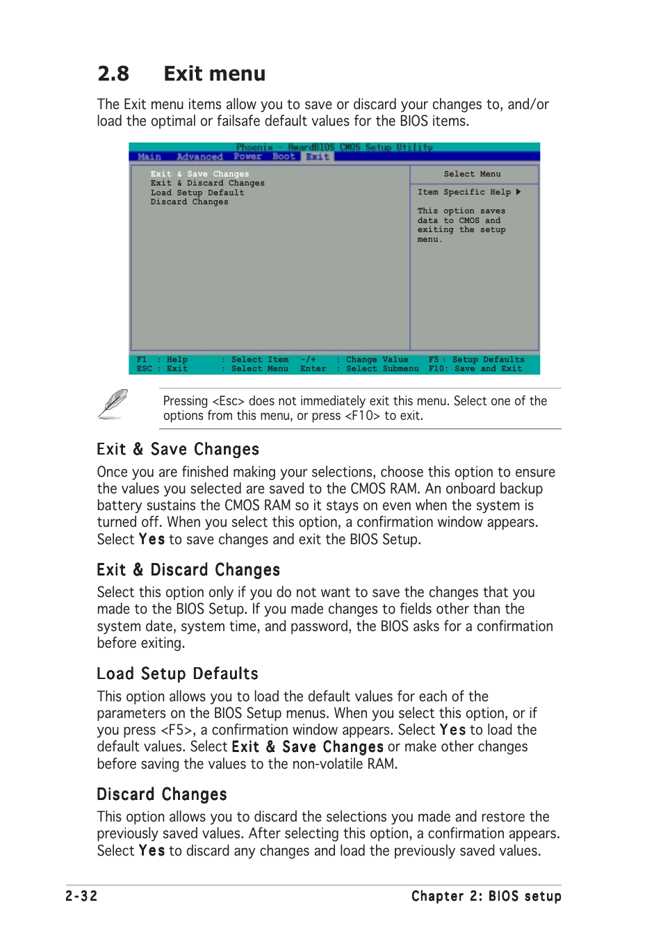 8 exit menu, Exit & save changes, Exit & discard changes | Load setup defaults, Discard changes | Asus A7V400-MX SE User Manual | Page 68 / 72