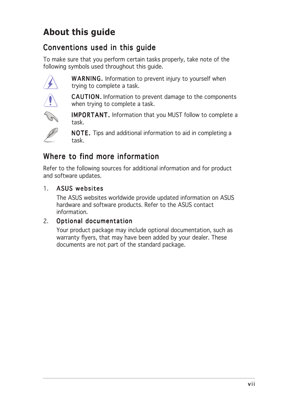 About this guide | Asus A7V400-MX SE User Manual | Page 7 / 72