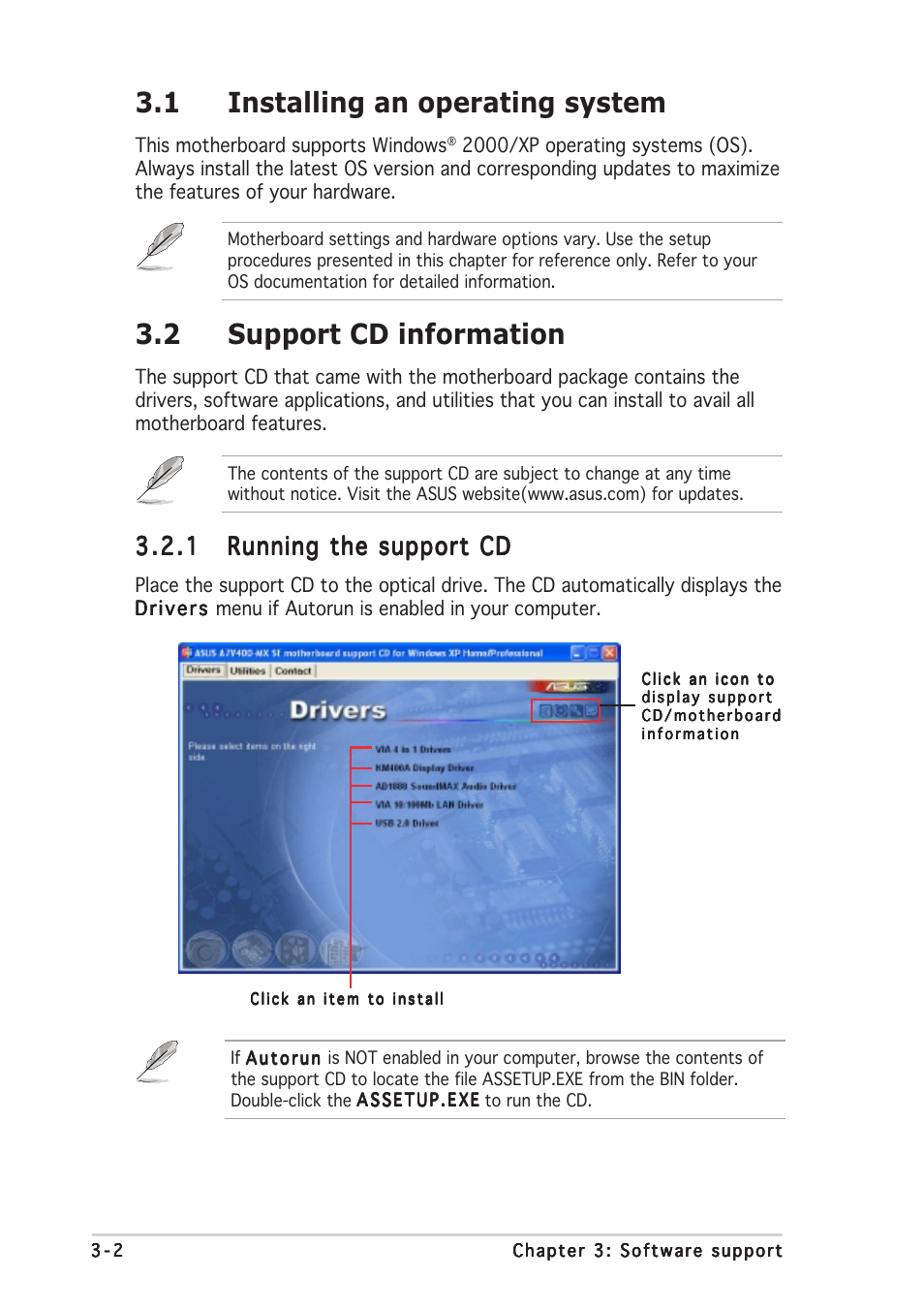 1 installing an operating system, 2 support cd information | Asus A7V400-MX SE User Manual | Page 70 / 72
