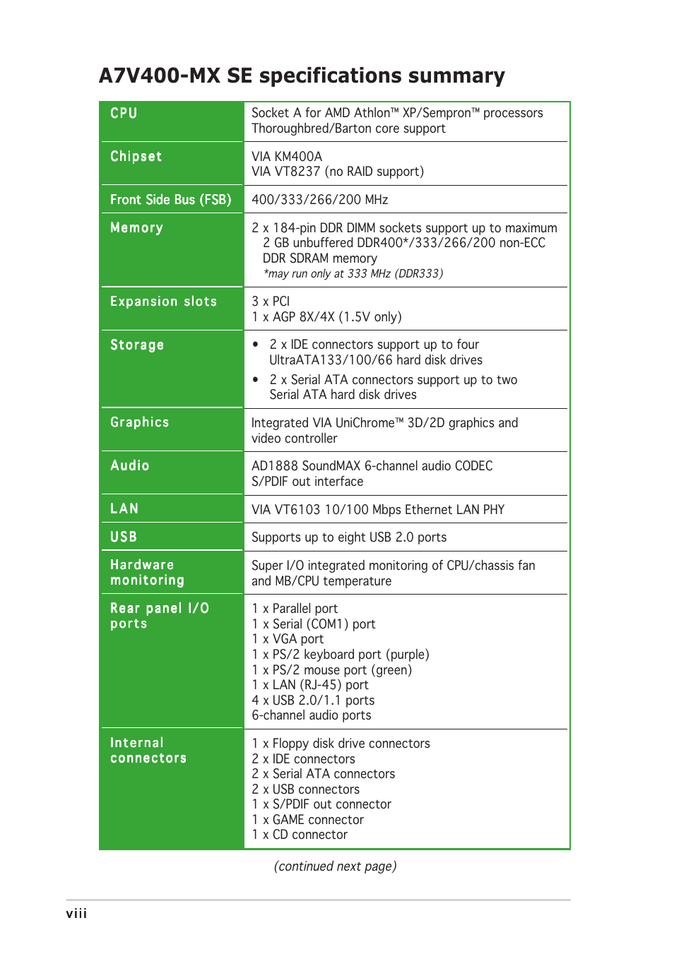 A7v400-mx se specifications summary | Asus A7V400-MX SE User Manual | Page 8 / 72