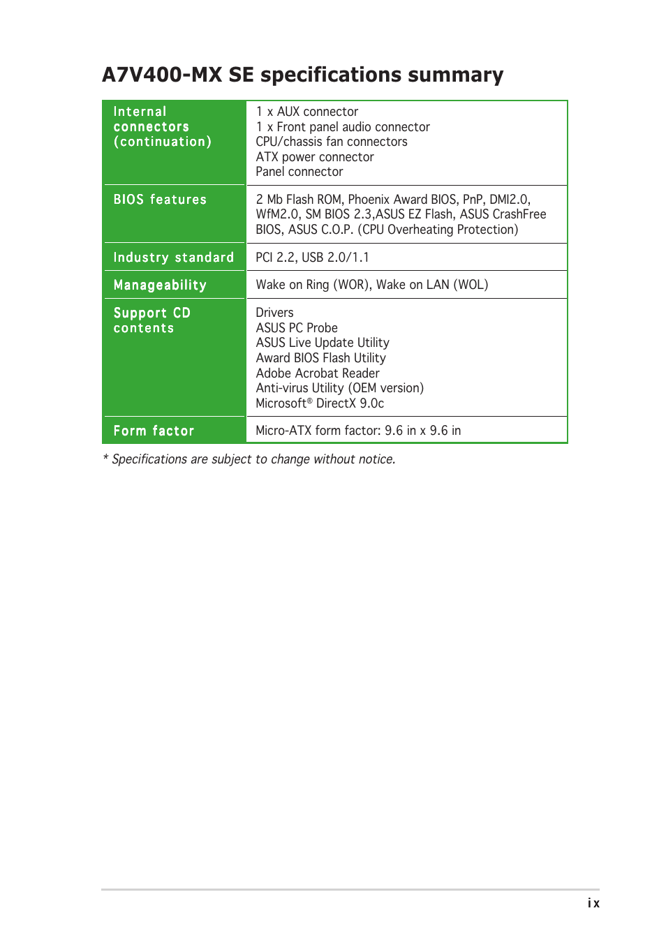 A7v400-mx se specifications summary | Asus A7V400-MX SE User Manual | Page 9 / 72