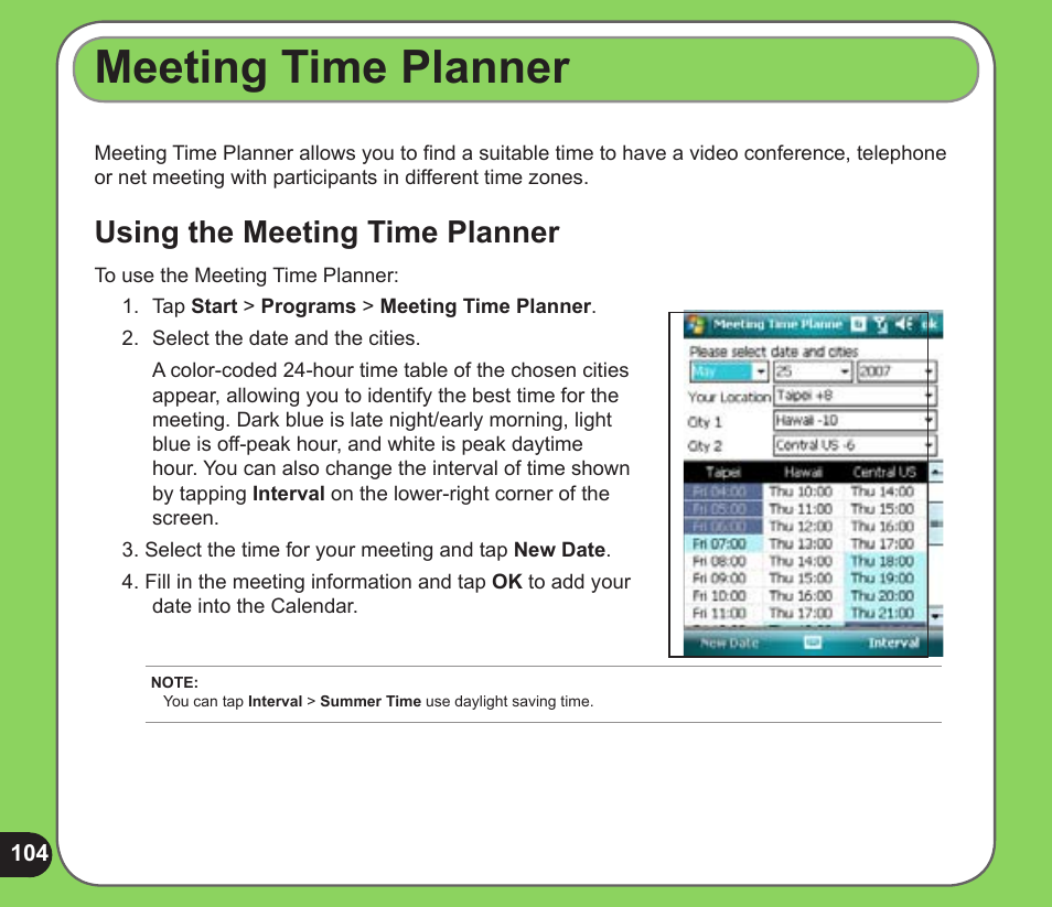 Meeting time planner, Using the meeting time planner | Asus P526 User Manual | Page 104 / 122