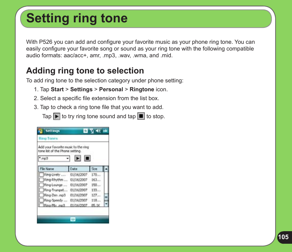 Setting ring tone, Adding ring tone to selection | Asus P526 User Manual | Page 105 / 122