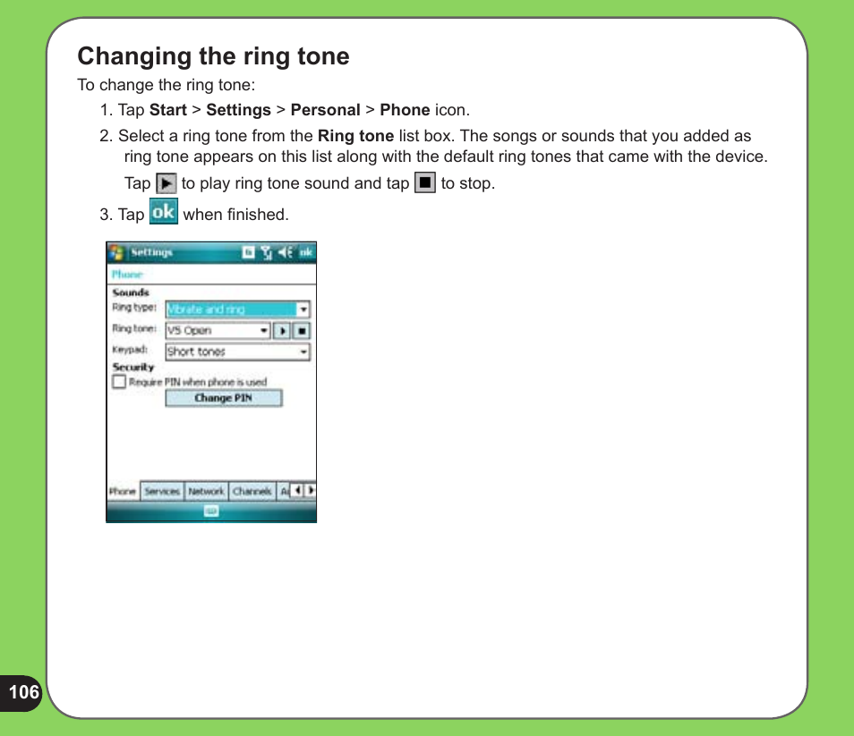 Changing the ring tone | Asus P526 User Manual | Page 106 / 122