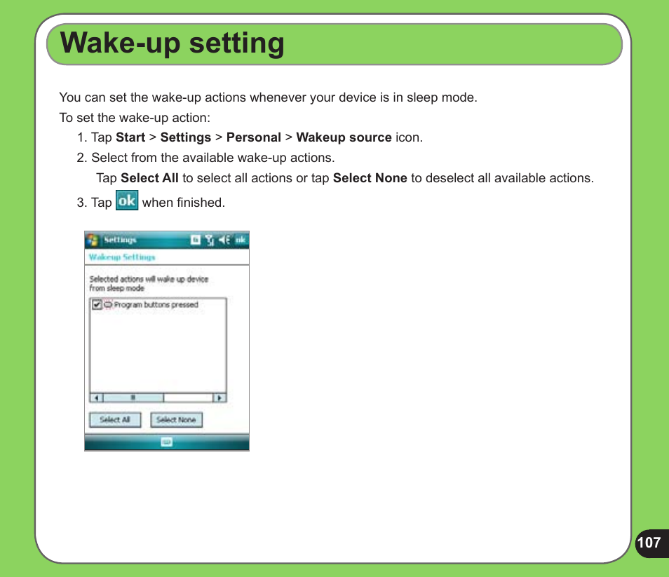 Wake-up setting | Asus P526 User Manual | Page 107 / 122