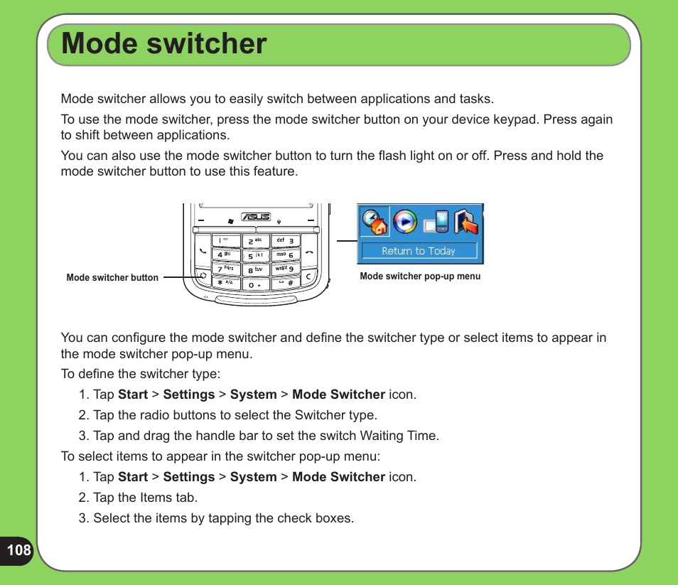 Mode switcher | Asus P526 User Manual | Page 108 / 122