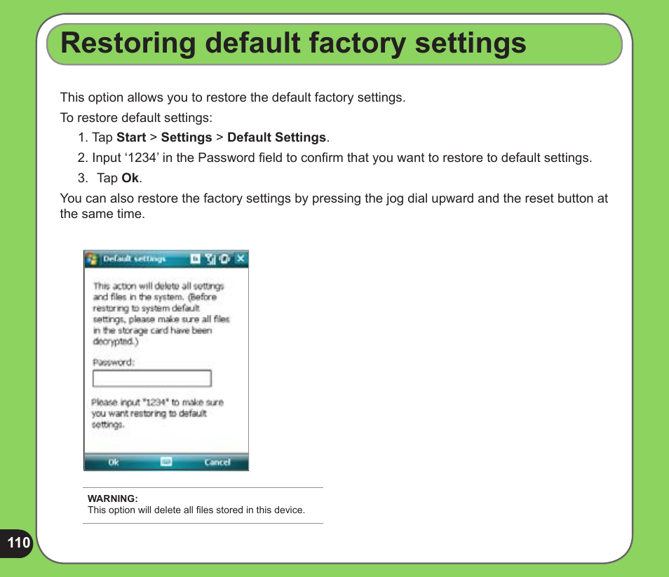 Restoring default factory settings | Asus P526 User Manual | Page 110 / 122