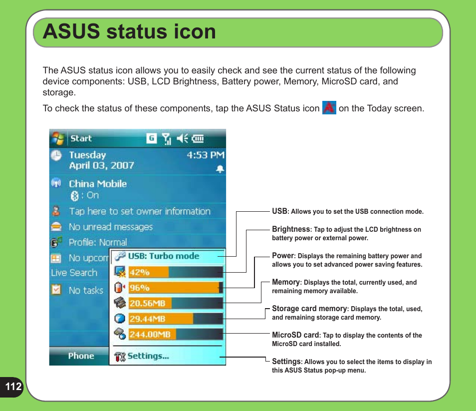 Asus status icon | Asus P526 User Manual | Page 112 / 122