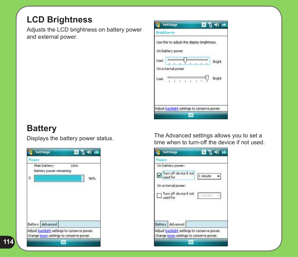 Lcd brightness, Battery | Asus P526 User Manual | Page 114 / 122