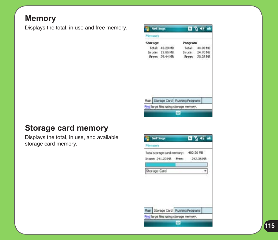 Memory, Storage card memory, Memory storage card memory | Asus P526 User Manual | Page 115 / 122